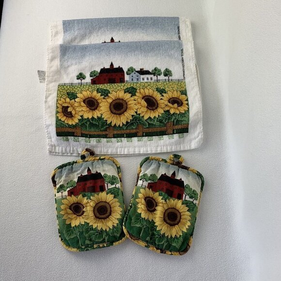 Franco Sunflower Farmhouse Red Barn Dish Towel Potholder Set Of 4 - Picture 1 of 16
